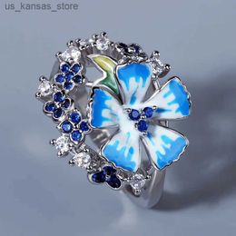 Кластерные кольца изящные женские женские 925 Серебряное кольцо синее цветочное кольцо этническое стиль этническое эмали для эмали для женского украшения