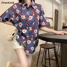 Women's Blouses Shirts Women Summer Fashion Flower Red Cozy All-match Korean Style Girls Turn-down Collar Printed Students Soft Single