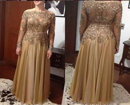 nigerian lace styles Gold A Line Lace Bead Mother of the Bride Dresses Plus Size Chiffon long sleeve Prom Dresses Formal Evening D4049545