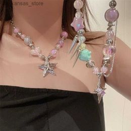 Pendant Necklaces Reflective Heart Beads Star Pentagram Pendant Necklace for Women Cool Aesthetic Trendy Clavicle Chain Korean Fashion Jewellery New240408