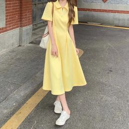 Party Dresses Korean Summer Preppy Style Turn-Down Collar High Waist Yellow Maxi Bodycon Dress Fashion A-Line Single Breasted Casual
