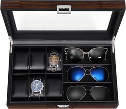 BEOME Watch Box Sunglass Organizer with Real Glass Top 6 Watch Case and 3 Slots Sunglasses Box for Men Smooth Faux Leather Interior Brown SSH15Y