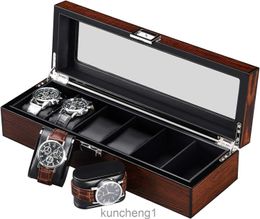 BEOME Wooden Watch Box for Men - Luxury Watch Case Real Glass Top Smooth Faux Leather Interior 6 Slot Watch OrganizerBrown SSH06Y