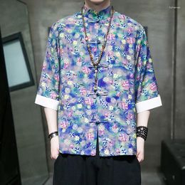 Men's Casual Shirts Spring Summer Mens Chinese Shirt Ice Silk Vintage Tang Suit Hanfu Tops Male Ethnic Style Clothing Stand Collar Loose