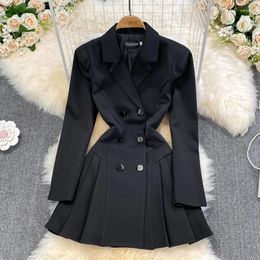 Casual Dresses High-End Light Luxury Mid-Length Suit Dress Spring And Autumn Collection Black Colour Waist Slimming Pleated