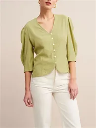 Women's Blouses Women V-Neck Dot Print Viscose Blouse Single-Breasted French Ladies Green Soft Shirt And Top