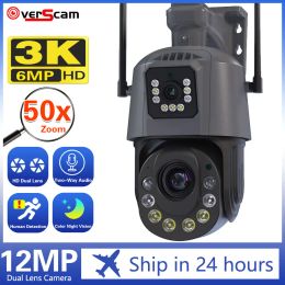 Cameras 4K 8MP Metal Dual Lens PTZ Wifi Camera Outdoor 50X Optical Zoom AI Human Detection 150M Night Vision 6MP IP CCTV Camera iCsee