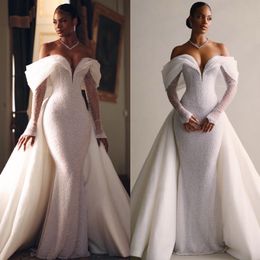 Vestido de noiva de sereia deslumbrante sobrecarrega de elementos de noiva de mangas compridas vestidos de noiva de mangas compridas vestidos de noiva designer de trem