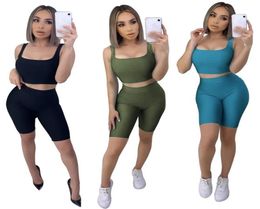 Designer Two Piece Set Crop Tops and Biker Shorts Black Sexy Bodycon Matching Sets Summer Fitness Clothes for Yoga Tracksuit Women9404721