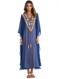 Casual Dresses 2024 Blue Bohemian Embroidered Lace Up V-neck Bats Sleeve Loose Summer Beach Dress Plus Size Women Beachwear Kaftan Robe Q975