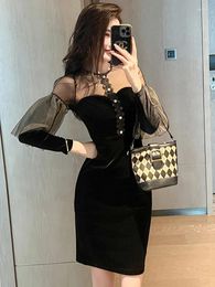 Casual Dresses Spring Autumn Ladies Velvet Black Birthday Short Women See Through Sexy O-Neck Party Club Stretchy Dress Mujer Vestidos