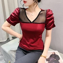 Women's T Shirts Euromean Clothes T-Shirt Women V-neck Slim Beading Cotton Tops Long Sleeves Mesh Patchwork Tees Summer