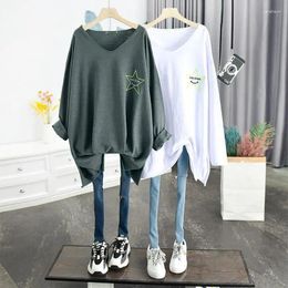 Women's T Shirts Woman Tshirts Oversized Korean Loose Thin V-neck Mid-length Long-sleeved Bottoming Tshirt Long Sleeve Summer Tops For Women