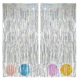 Party Decoration 2Pack 2X1M Silver Laser Metallic Foil Tinsel Fringe Curtain Backdrop Birthday Wedding Bachelorette Adult Kids