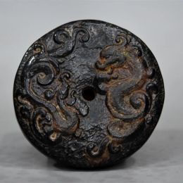 Sculptures Hongshan Culture Archaize Black Iron Meteorite Statue Carved Mascot Dragon and Phoenix Bi Pendant Deco Gift