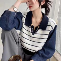 Women's Sweaters Denim Patchwork Clothing Fashion Knitted Striped Pullovers Pull Femme Loose Casual Korean Jumper Ropa Mujer