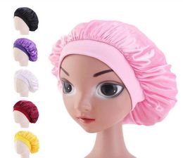 Kids Satin Bonnet Cap Solid Colour Turban Chemo Hat Girl039s Wide Elastic Band Solid Night Sleep Beanies Skullies Chemo Cap Fash7145081