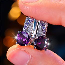 Backs Earrings Cute Female Purple Round Zircon Stone Clip Charm Silver Colour Wedding Jewellery For Women