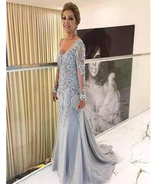 Elegant Blue Silver Mother of the Bride Dresses Long Sleeves 2021 V Neck Godmother Evening Dress Wedding Party Guest Gowns New3638836