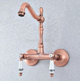 Bathroom Sink Faucets Antique Red Copper Kitchen Faucet Mixer Tap Swivel Spout Wall Mounted Double Handles Tsf894