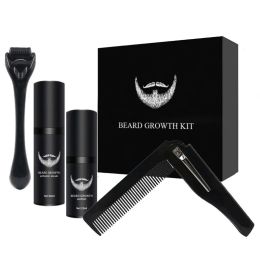 Products 4Pcs/set Beard Growth Kit For Men Thicker Beard Power Serum Beard Care Nourishing Beard Roller and comb