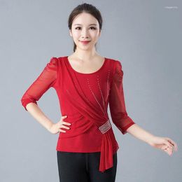 Stage Wear Mesh Latin Three Quarter Sleeves Line Dance Top Transparent Red Dress Ball Gown Sequins Dancewear Women Tops Suit Modern Bottom