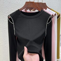 Women's T Shirts Round Neck Long Sleeved T-shirt For Autumn And Winter Hollow Out Sexy Modal Cotton Black Bottom Top (M-3XL)