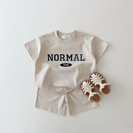 Toddler Baby Summer Clothes Sets Boy Girl Korea Embroidered Letters Cotton Short Sleeve TshirtKid Casual Shorts Khaki 240327