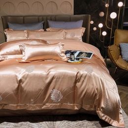 Bedding Sets Drop Leaf Wedding Duvet Cover Set Golden Jacquard Flat Sheet Pillowcase 4Pcs European Luxury Red