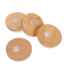 Dinnerware 4 Pcs Mason Jar Caps Jars Covers Bottles Lids For Home Straw Cup Sippy Wooden Hole Design Bamboo