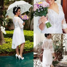 Simple Plus Size High Low Wedding Dresses 34 Sleeve VNeck Lace Appliques Short Bridal Gowns Custom Made9568435