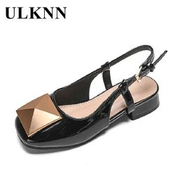 Sneakers ULKNN Girls Summer Sandals Square Toe Children Fashion Princess Black Shoes Kids Slingback Sandals Low Heel Pumps Dance Shoe