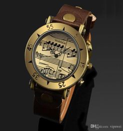 12hour Display Quartz Watch Retro PU Strap Metal Bronze Case Music Note Markers Unisex watches Ancient Roman style2447475