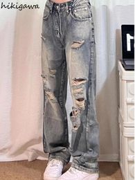 Jeans femininos calças de perna larga vintage para mulheres 2024 Bottoms Streetwear Hollow Out Hip-Hop Y2K Casual Fashion Troushers Pantalon femme