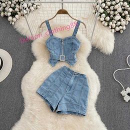 Womens Tracksuits PREPOMP 2023 Sleeveless Zipper Slim Denim Tank Top Vest Rhinestone Buckle Belt Wide Leg Shorts Two Piece Set Outfits