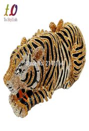 Whole Stylish Animal Tiger Diamond Evening Bag Gold Luxury Diamante Crystal Clutch bag Wedding elegant bride Party banquet Pu1913852