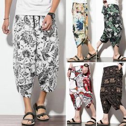 Men's Pants Simple Cropped Breathable Summer Men Chinese Style Pattern Skin-touching Harem Daily Garment