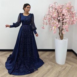 Glitter Navy Blue Formal Evening Dress Scoop Long Lantern Sleeves Sequins Lace Appliques Prom Pagenat Party Gowns Arabic Dubai Robe De Soiree