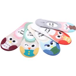 6 Pairs Women Socks Cartoon Owl Pattern Invisible Nonslip Deodorant Cotton Boat Sock Summer Breathable High Quality Female 240408