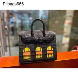 Tote Bag Handbags Handstitched Small House Bag 20cm Mini Womens Lockable Portable Alligator Skin Night and Day O91r