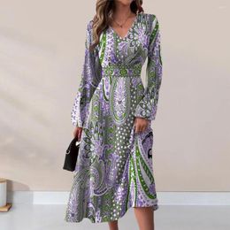 Casual Dresses Slimming Waist Dress V-neck Printed Retro Ethnic Style Print Women's Midi With V Neck A-line Silhouette Long For A