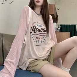 Women's T Shirts Vintage Letter Printed Loose Casual Long-sleeved T-shirt Women 2024 Spring O-neck Contrast Color Patchwork Sunscreen Tops