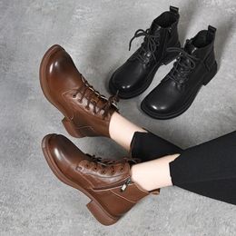 Boots 2024 Winter Round Head Low Coarse Heel Soft Sole Plush Women's British Retro Lace Up Shoes Casual Comfortable And Warm