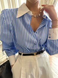 Jmprs Elegant Women Shirts Korean Striped Red Fashion Turn Down Collar Office Ladies Tops Long Sleeve Causal Female Blouse 240326