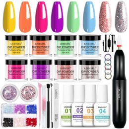 Dip Powder Nail Set Glitter Dipping Powder kIt with Nail Drill No Need Lamp Cure Nail Natural Dry Dip Nail Decoration Kit 240401