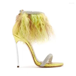 Sandals Sexy Mixed Color Curly Fur Ankle Strap Blade Heels Metal Stiletto Crystal Peep Toe Woman Gold High-heeled Shoes
