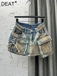 DEAT Womens Denim Skirts Multiple Pockets Patchwork Washed Lace-up Cargo A-line Mini Skirt 2024 Summer Fashion 29L3411 240326