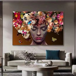 Modern Fashion Sexy Girl Wall Art Canvas Painting Flower Butterfly Women Poster Print Picture For Nordic Living Room Home Decor Unframed