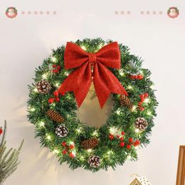 Decorative Flowers 40CM Christmas Wreath For Door With Lights Year Pine Cones Berry Spruce Red Ribbon Bow Navidad Decoration