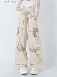 Women's Jeans Jmprs Harajuku American Cargo Pants Women Patchwork Pockets Straight Trousers Retro High Waist Loose Bf Strtwear Wide Leg Pant Y240408